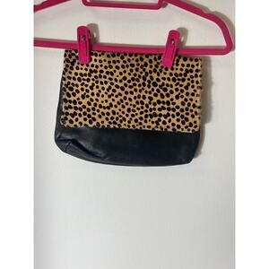 Black leather Clutch with leopard print closure and canvas lining